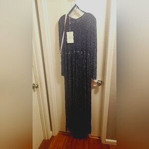 NWT Mac Duggal Beaded High Neck Long Sleeve Gown With - Blue (size 18)